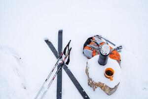 falsch Stangen und Ski Lüge auf das Schnee, Nächster zu ein Stumpf mit ein Thermosflasche, Orange Wandern Rucksack und ein Becher von Tee. Winter immer noch Leben im das Schnee. Skifahren im das Wald, frisch Luft foto