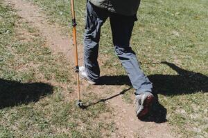 Füße Gehen auf das Straße, Gehen Stangen, Schuhe zum Wandern, Wandern im das Wald, Sommer- Sport im Natur, aktiv Erholung, Urlaube foto