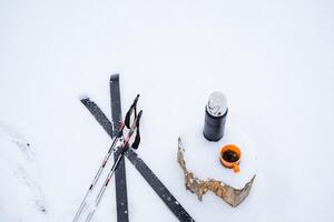 falsch Stangen und Ski Lüge auf das Schnee, Nächster zu ein Stumpf mit ein Thermosflasche und ein Becher von Tee. Winter immer noch Leben im das Schnee. Skifahren im das Wald, frisch Luft foto