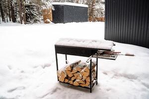 Protokolle. gehackt Birke Brennholz im ein Protokoll. gestapelt Brennholz im das Hinterhof. Brennholz unter das Schnee. bauen ein Feuer, Hitze ein Sauna und ein Kamin foto