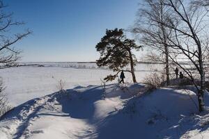 Winter Landschaft. Silhouetten von ein Person gegen das Hintergrund von ein Blau Himmel. foto