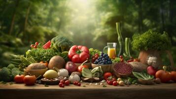 gesund Essen Hintergrund. Gemüse, Früchte und andere Lebensmittel auf hölzern Tisch. foto