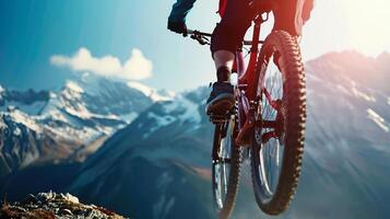 ai generiert ein Berg Biker hochfliegend durch das Luft gegen ein atemberaubend bergig Hintergrund foto