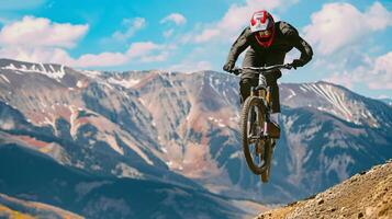 ai generiert ein Berg Biker hochfliegend durch das Luft gegen ein atemberaubend bergig Hintergrund foto