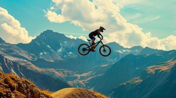 ai generiert ein Berg Biker hochfliegend durch das Luft gegen ein atemberaubend bergig Hintergrund foto