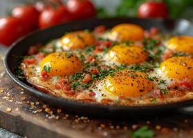 ai generiert gebraten Eier mit Tomaten und Kräuter im schwenken foto