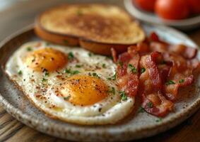 ai generiert gebraten Eier und Speck auf Teller mit Toast und Tomaten foto