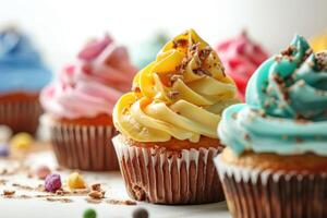 ai generiert bunt Cupcakes auf Weiß Hintergrund. foto