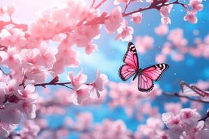 ai generiert Frühling Kirsche blühen Landschaft mit Schmetterlinge und Blau Himmel. foto