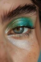 ai generiert irisierend Blick Nahansicht mit Grün und Blau Lidschatten foto