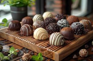 ai generiert Schokolade Süßigkeiten auf hölzern Tabelle foto