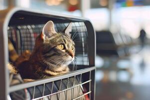 ai generiert ein Katze Sitzung bequem im ein Reise Träger beim ein Flughafen foto