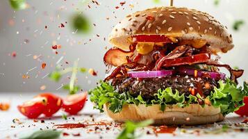 ai generiert Nahansicht von frisch lecker Burger auf dunkel Hintergrund. generativ ai foto