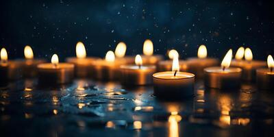 ai generiert zauberhaft Kerzenlicht Ambiente Nahansicht von Verbrennung Kerzen auf hölzern Tabelle im ein dunkel Zimmer foto
