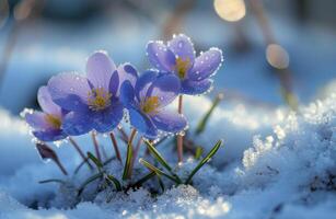 ai generiert zuerst Blumen im Frühling blühen während sonnig Tag nach das zuerst Schnee foto