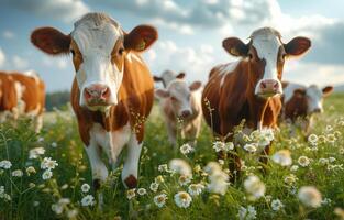 ai generiert Kühe auf Sommer- Weide. mehrere Kühe Essen Gras im ein Feld foto