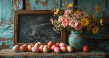 ai generiert Ostern Eier und Blumen auf hölzern Tabelle foto