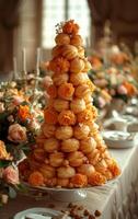ai generiert Pyramide von Profiteroles mit Orange Blumen auf festlich Tisch. das Kuchen Croquembouche hat Kiefer Nüsse auf ein lange Tabelle foto