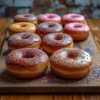 ai generiert Donuts mit Glasur und Sträusel auf hölzern Tafel. köstlich Süss Donuts foto