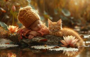 ai generiert wenig Mädchen und Katze im das Herbst. Neugeborene Baby und Katze Sitzung auf ein Felsen mit Lotusblumen foto