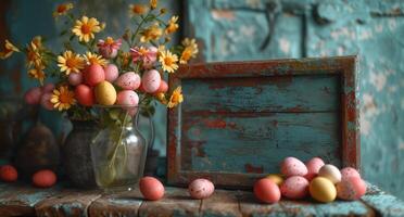 ai generiert Ostern Eier und Frühling Blumen auf hölzern Tabelle foto