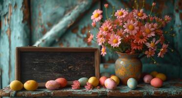 ai generiert Ostern Eier und Blumen auf hölzern Tabelle foto