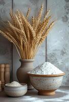 ai generiert Mehl im Schüssel Weizen Ohren und hölzern Löffel auf hölzern Tabelle foto