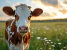 ai generiert Kuh auf Sommer- Weide. jung Kalb ist Stehen im Feld foto