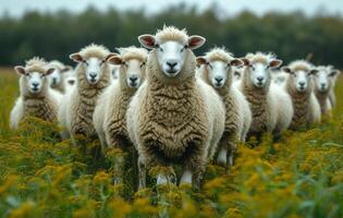 ai generiert groß Herde von Schaf. ein Schaf Herde auf grasig Hintergrund foto