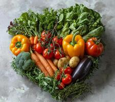 ai generiert frisch Gemüse im Herz gestalten auf grau Hintergrund. ein Herz geformt Bild von verschiedene Gemüse foto