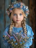 ai generiert wenig Mädchen ist halten Blumen und tragen Blau Kleid. foto