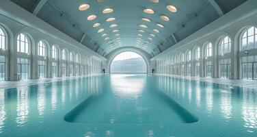 ai generiert Innen- Schwimmen Schwimmbad mit Glas Decke foto