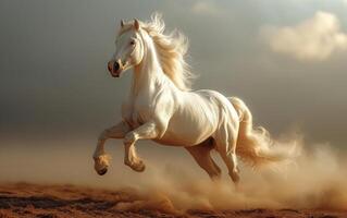 ai generiert Weiß Pferd läuft Galopp im das Sand im das Staub auf das Himmel Hintergrund foto