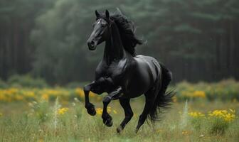 ai generiert schwarz friesisch Pferd läuft Galopp auf das Wiese mit Gelb Blumen auf Hintergrund foto