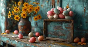 ai generiert Ostern Eier und Blumen auf hölzern Tabelle foto