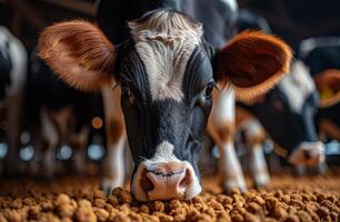 ai generiert jung Kalb ist Essen Futter im Kuhstall foto