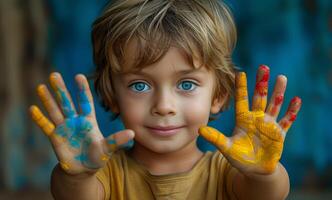 ai generiert Kind zeigt an seine Palmen mit Farbe auf ihnen. foto