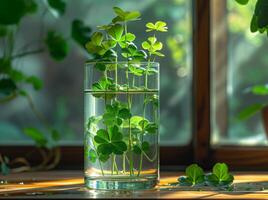 ai generiert Glas Vase mit Wasser und Grün Kleeblatt Blätter auf das Fensterbrett. Grün Kleeblatt Blätter. foto