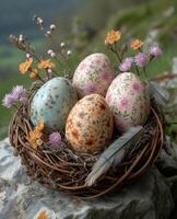 ai generiert Ostern Eier im Nest mit Blumen und Gefieder foto
