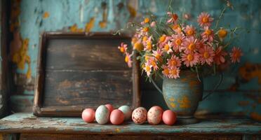 ai generiert Ostern Eier und Blumen auf hölzern Tabelle foto