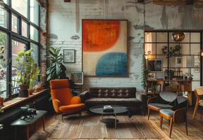 ai generiert Leben Zimmer mit braun Couch Orange Stuhl und Kaffee Tabelle foto