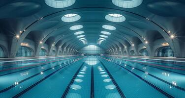 ai generiert Schwimmen Schwimmbad mit Blau Wasser und Decke mit runden Fenster foto