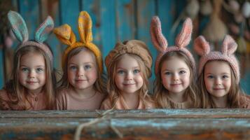 ai generiert Gruppe von Kinder Gemälde Ostern Hase Ohren Ostern Karte Vorlage foto