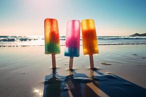 ai generiert entspannend Eis am Stiel Strand sonnig Tag. generieren ai foto