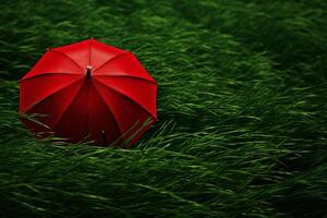ai generiert schützend rot Regenschirm Grün Gras. generieren ai foto