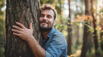 ai generiert gut aussehend Mann umarmen ein Baum im das Wald foto