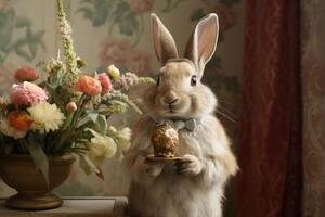 ai generiert festlich Hase halten Ostern bunt Ei. generieren ai foto