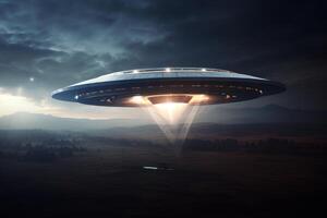 ai generiert lumineszierend UFO Neon- Schiff. generieren ai foto