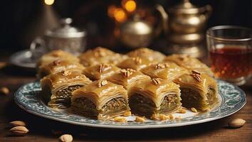 ai generiert traditionell Türkisch Dessert Baklava mit Schichten von Gebäck eingestreut mit Nüsse und gesüßt durch Honig foto