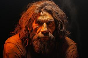 ai generiert kontemplativ Neandertaler Mann Gesicht Orange Hintergrund. generieren ai foto